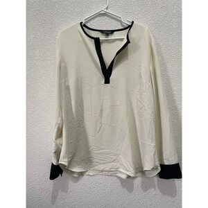 Lauren Ralph Lauren Women's Ivory Black Trim‎ V Neck Blouse Top Size L